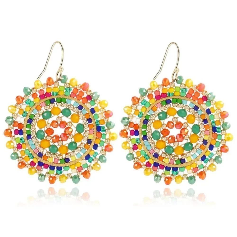 Multicolored Beaded Crystal Round Disc Boho Statement Dangling Hook Earrings